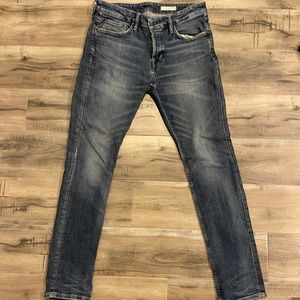 Two pairs of All Saints Rex jeans size 32. Blue pair and gray pair.